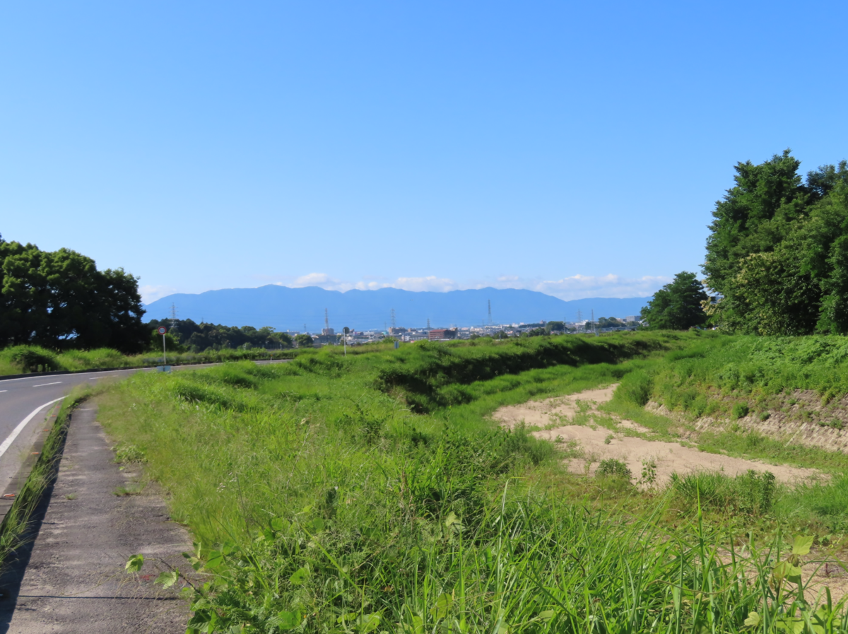 草津川沿いの風景。平坦な地形が広がる草津の気候風土を象徴している。